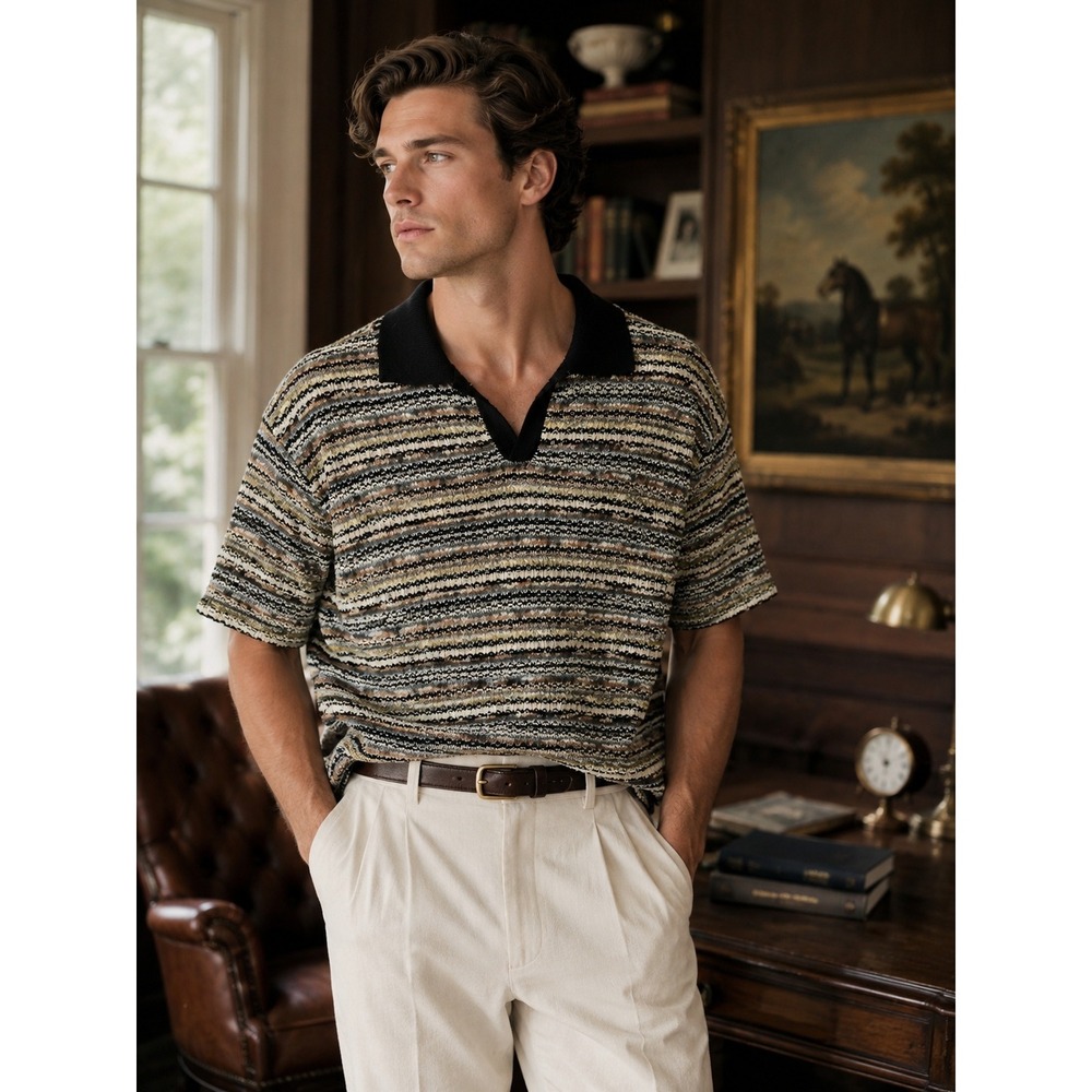 Andersson Bell Mens Crea Boucle Collar Knit Striped Polo Shirt  M